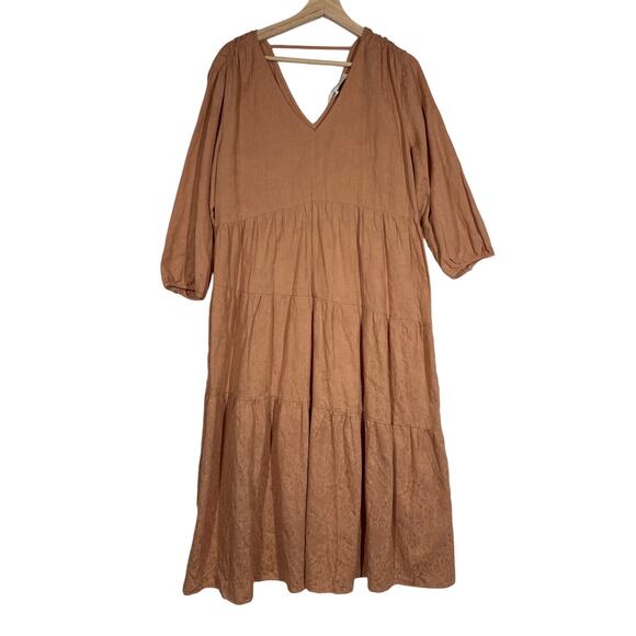 Umgee 3/4 Sleeve V-Neck Tiered Maxi Dress V-Back Cotton Boho Pullover Size 1X - Picture 2 of 15